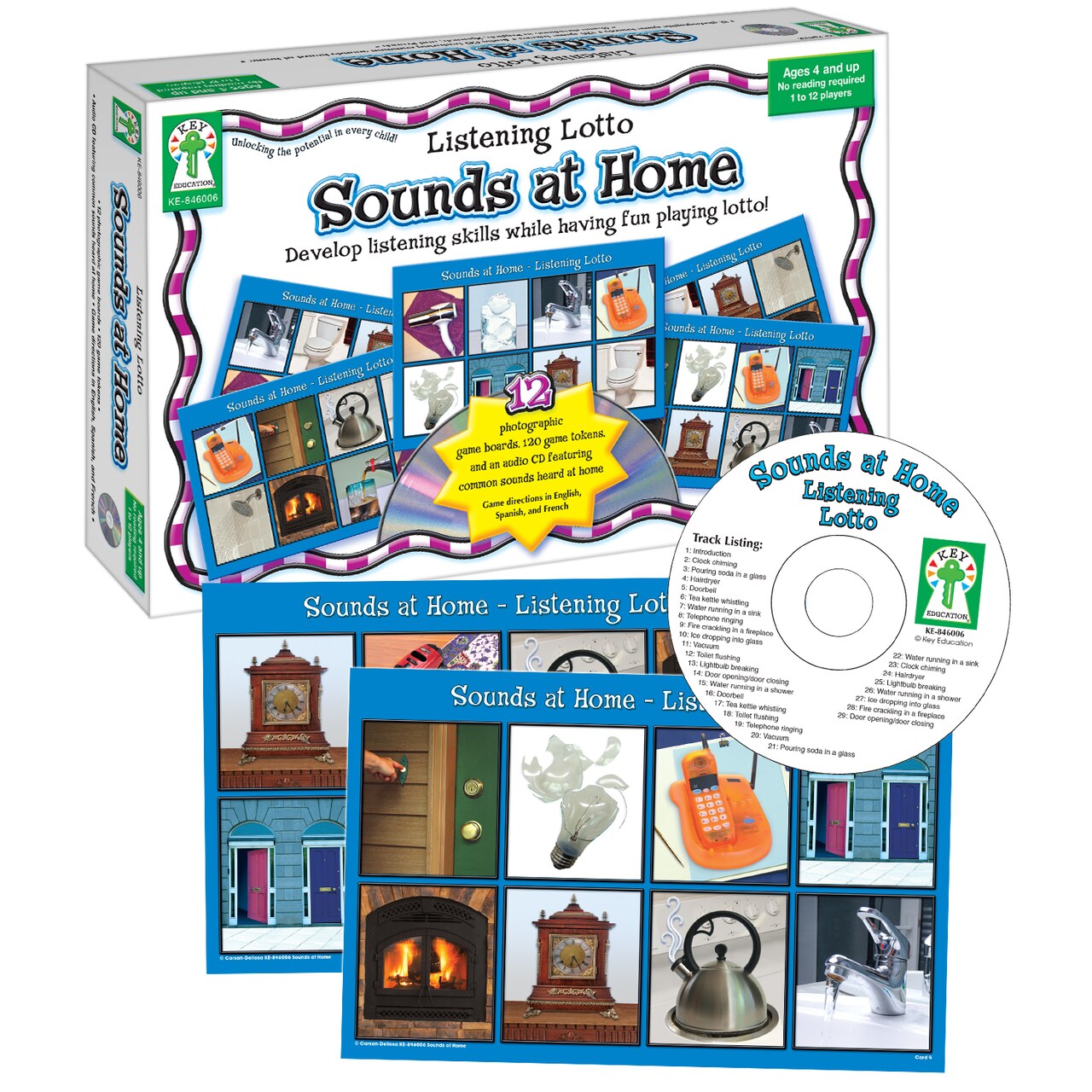 Key Education Listening Lotto: Sounds at Home, Fun Listening Game for Kids, Auditory Learning Tool, Preschool and Early Reading Board Game for Classroom or Homeschool, 1-12 Players